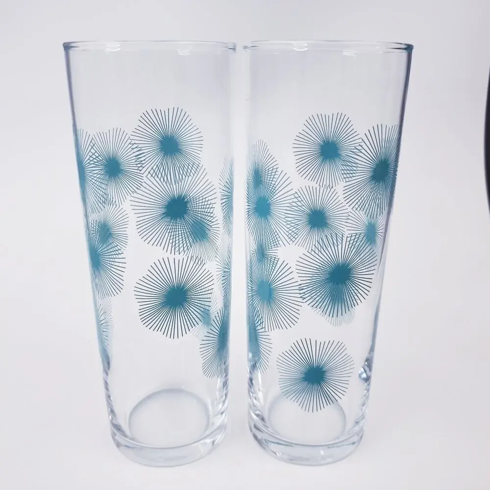 Vintage 1970 IKEA Atomic Sunburst Blue Aqua MCM Tom Collins Highball Set Of 4